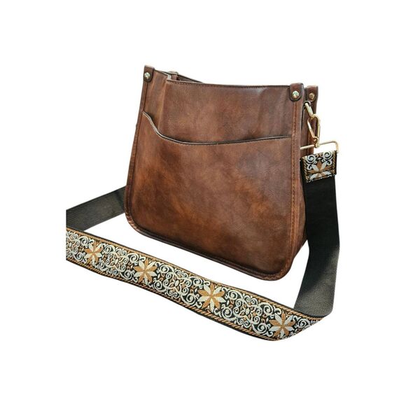 No Brand Handbags - Vegan Leather Crossbody Bag Cognac Brown Embroidered Strap
